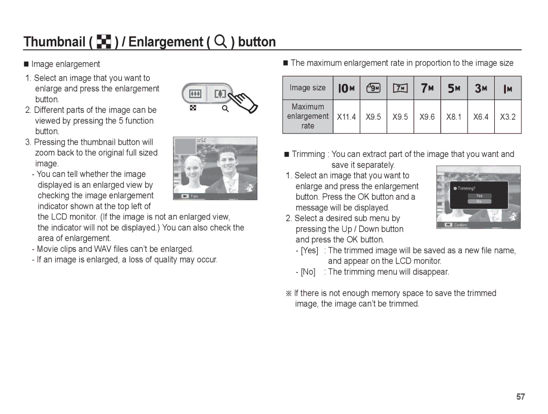 Samsung SL30 manual Image enlargement, Save it separately Select an image that you want to, Press the OK button Yes 