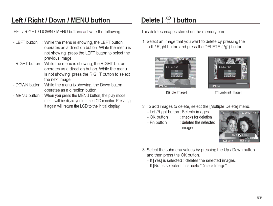 Samsung SL30 Left / Right / Down / Menu button, Delete Õ button, This deletes images stored on the memory card, Next image 