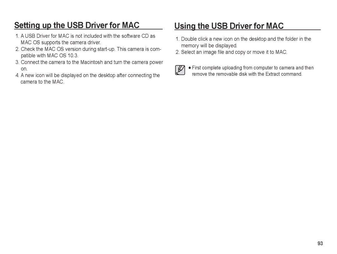 Samsung SL30 manual Setting up the USB Driver for MAC, Using the USB Driver for MAC 