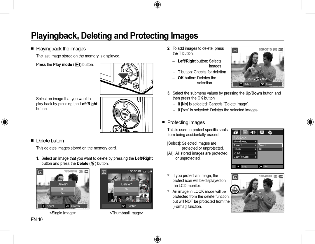 Samsung SL310W Playingback, Deleting and Protecting Images,  Playingback the images,  Protecting images,  Delete button 