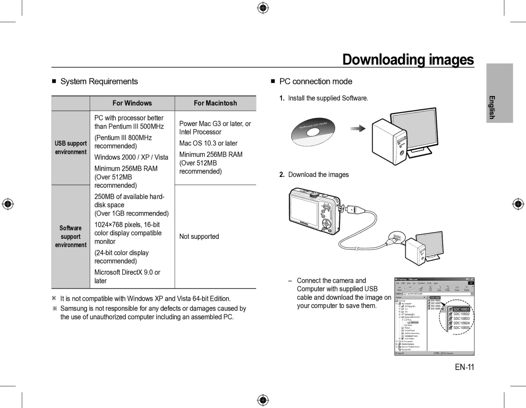 Samsung SL310W manual Downloading images,  System Requirements,  PC connection mode, EN-11, For Windows For Macintosh 