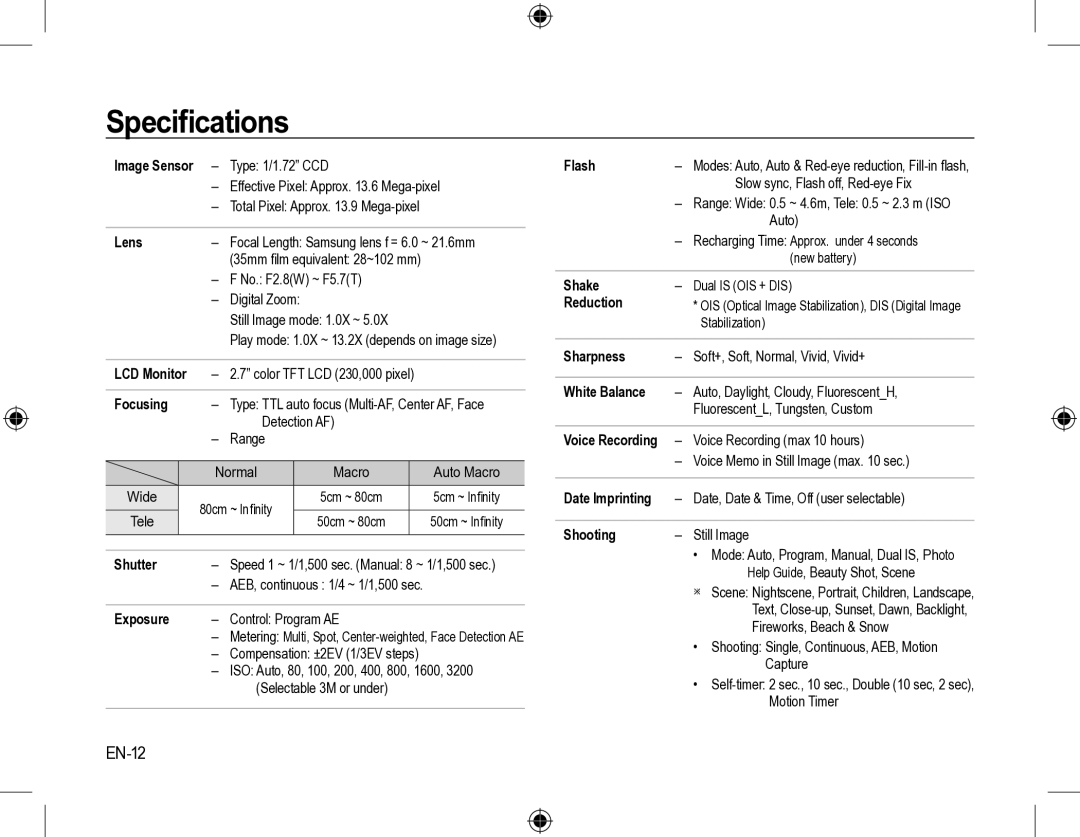 Samsung SL310W manual Speciﬁcations, EN-12 