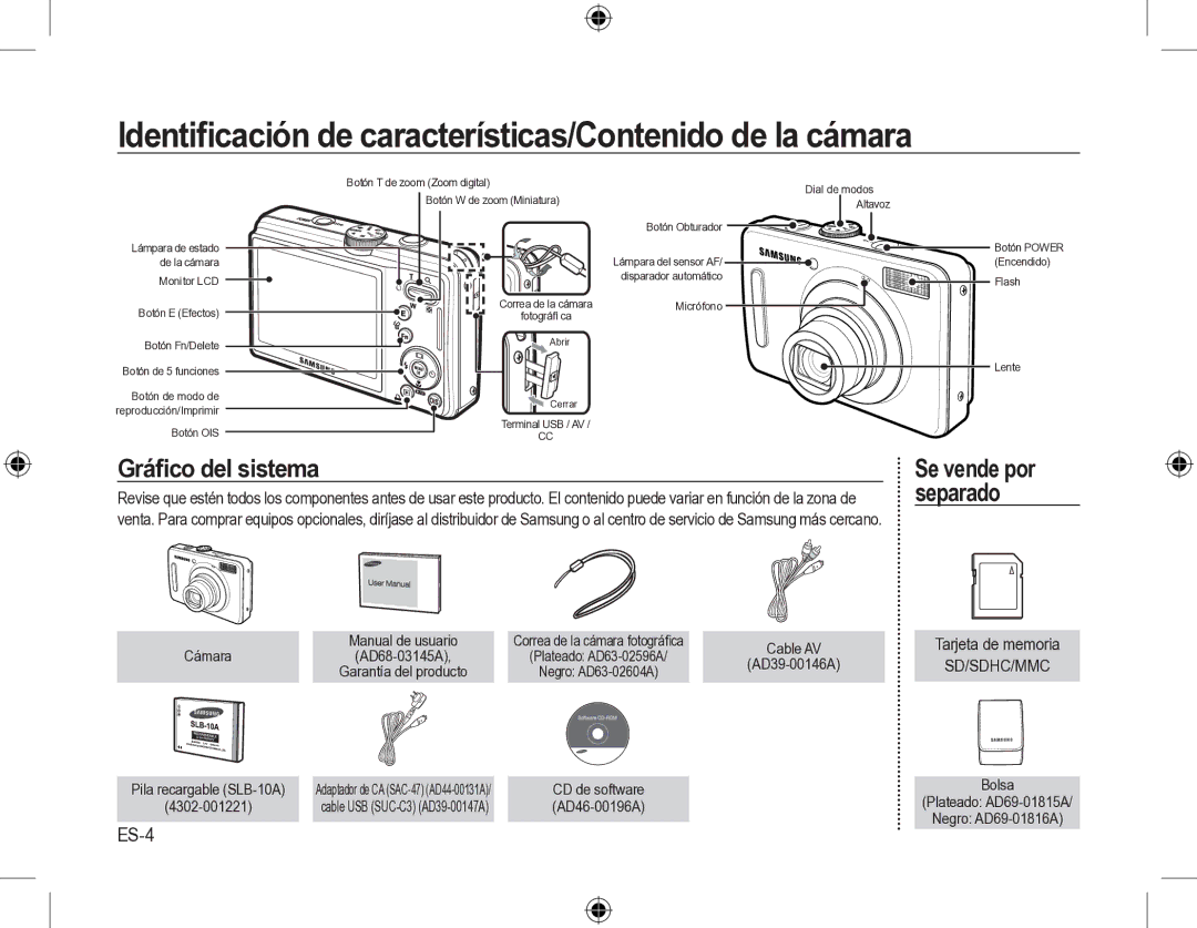 Samsung SL310W manual Identiﬁcación de características/Contenido de la cámara, ES-4 