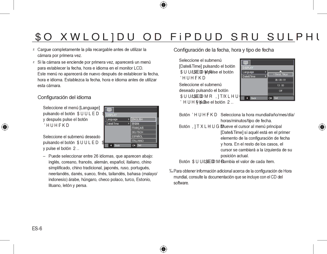 Samsung SL310W manual Al utilizar la cámara por primera vez,  Conﬁguración de la fecha, hora y tipo de fecha, ES-6 