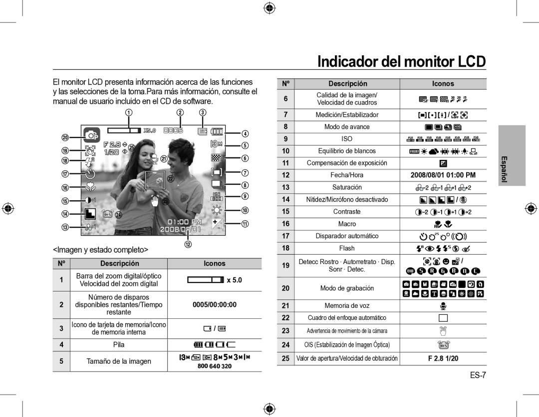 Samsung SL310W manual Indicador del monitor LCD, Imagen y estado completo, ES-7, Descripción, 0005/000000 