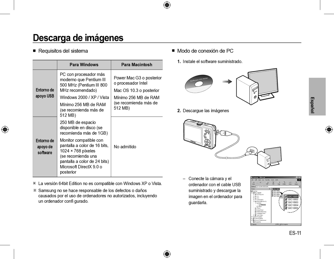 Samsung SL310W manual Descarga de imágenes,  Requisitos del sistema,  Modo de conexión de PC, ES-11 