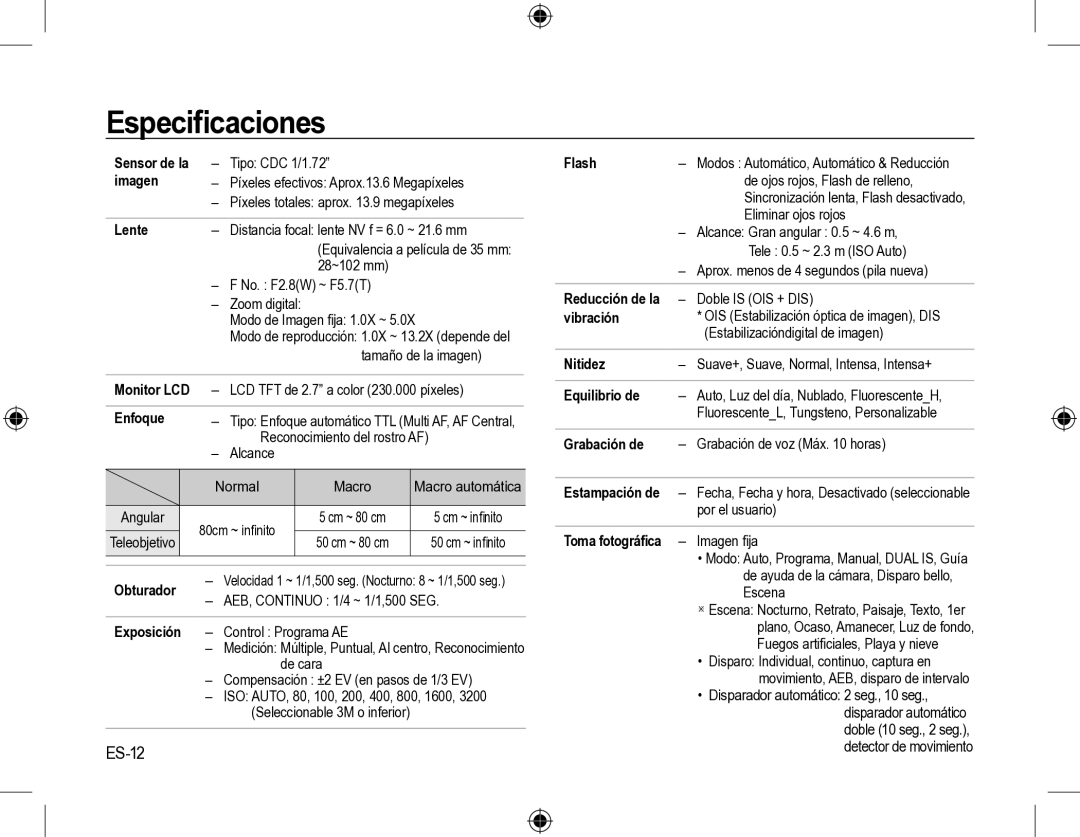 Samsung SL310W manual Especiﬁcaciones, ES-12 