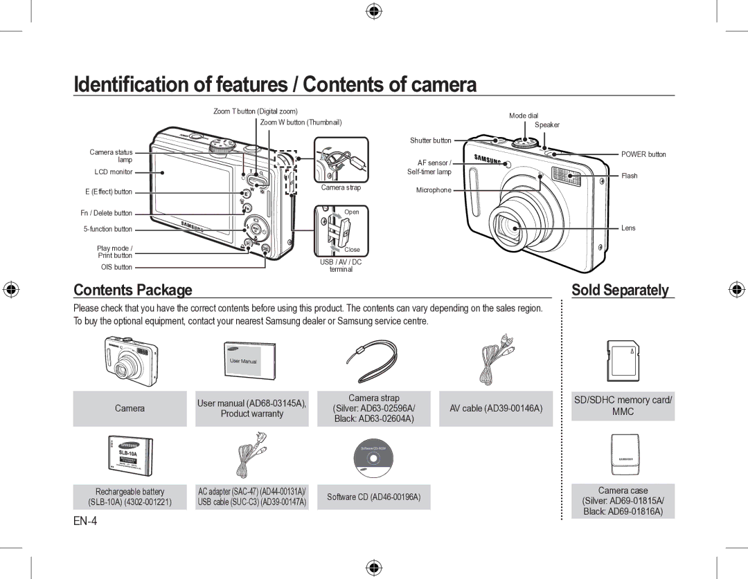 Samsung SL310W manual Identiﬁcation of features / Contents of camera 