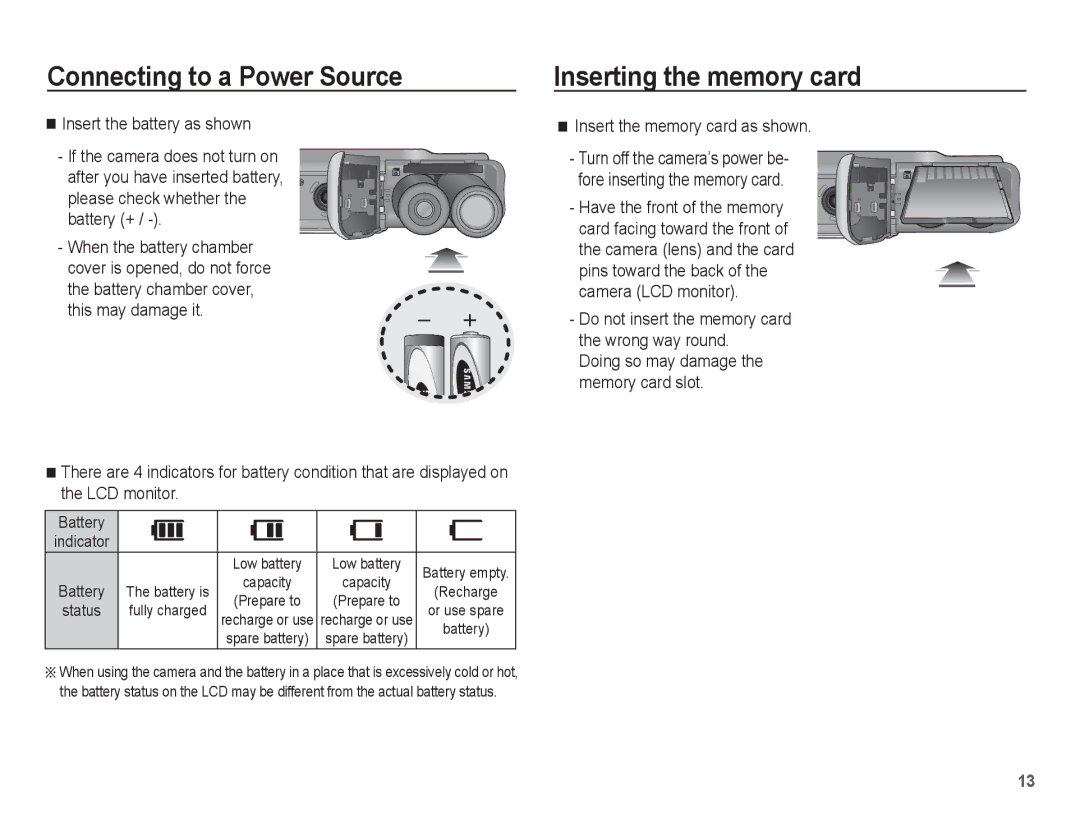 Samsung SL35 manual Inserting the memory card, Insert the memory card as shown, Battery 