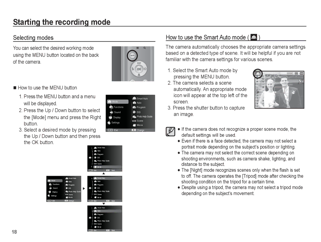 Samsung SL35 manual Starting the recording mode, Selecting modes How to use the Smart Auto mode 