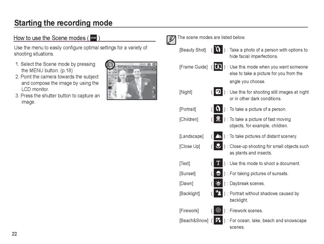 Samsung SL35 manual How to use the Scene modes 