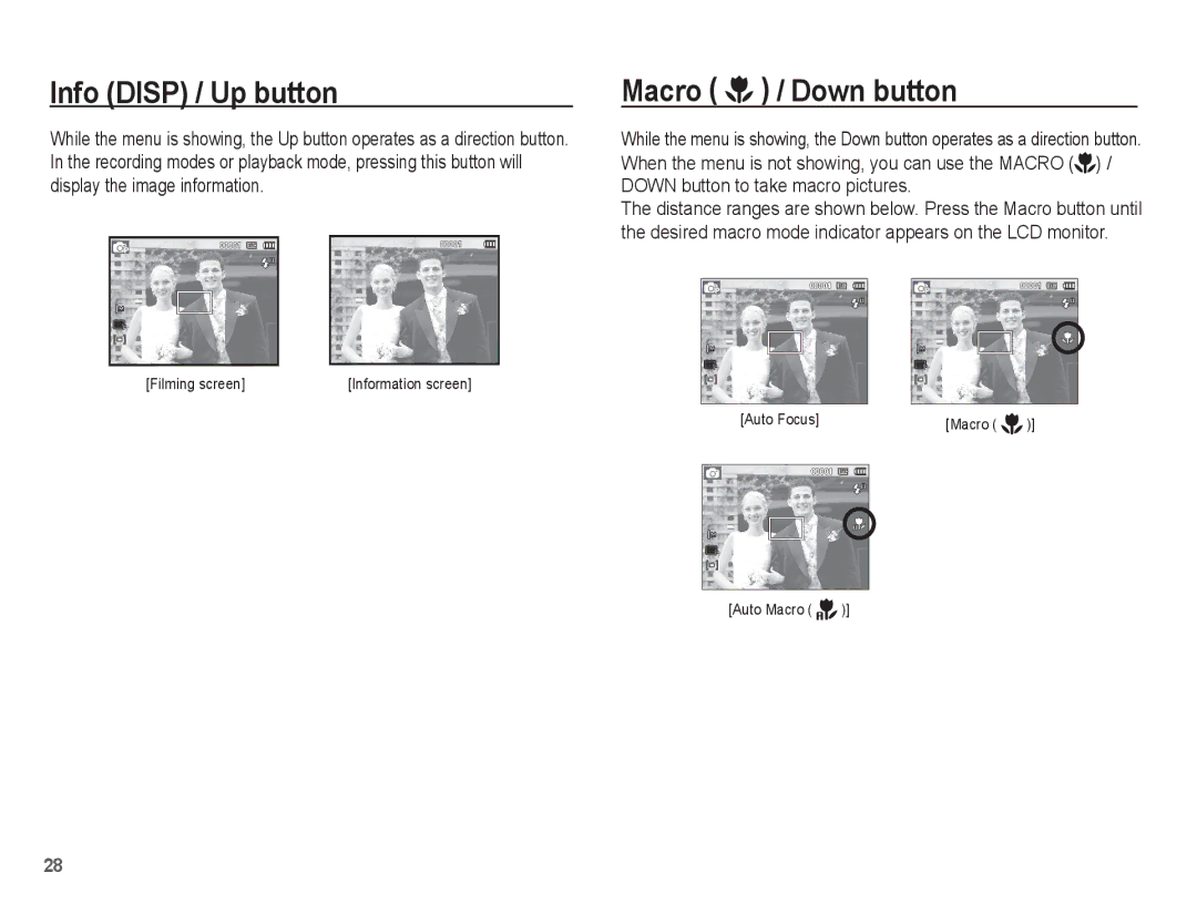 Samsung SL35 manual Info Disp / Up button, Macro / Down button 