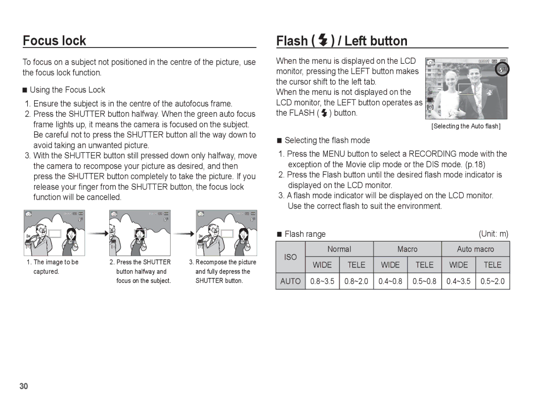 Samsung SL35 manual Focus lock, Flash / Left button, Selecting the ﬂash mode, Flash range 