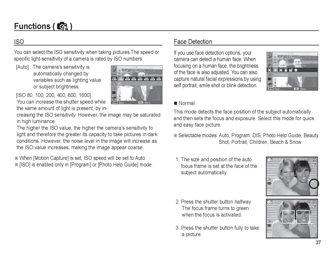 Samsung SL35 manual Face Detection, Or subject brightness, ISO 80, 100, 200, 400, 800 