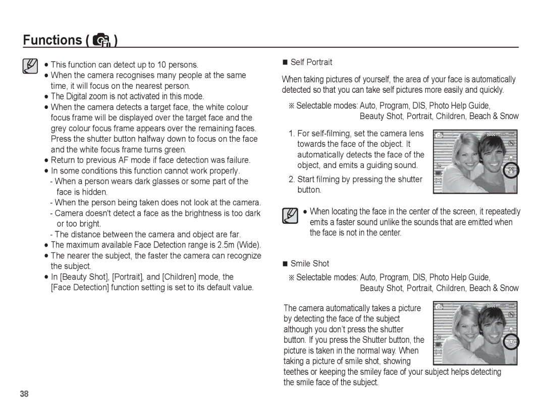 Samsung SL35 manual This function can detect up to 10 persons, Digital zoom is not activated in this mode, Self Portrait 