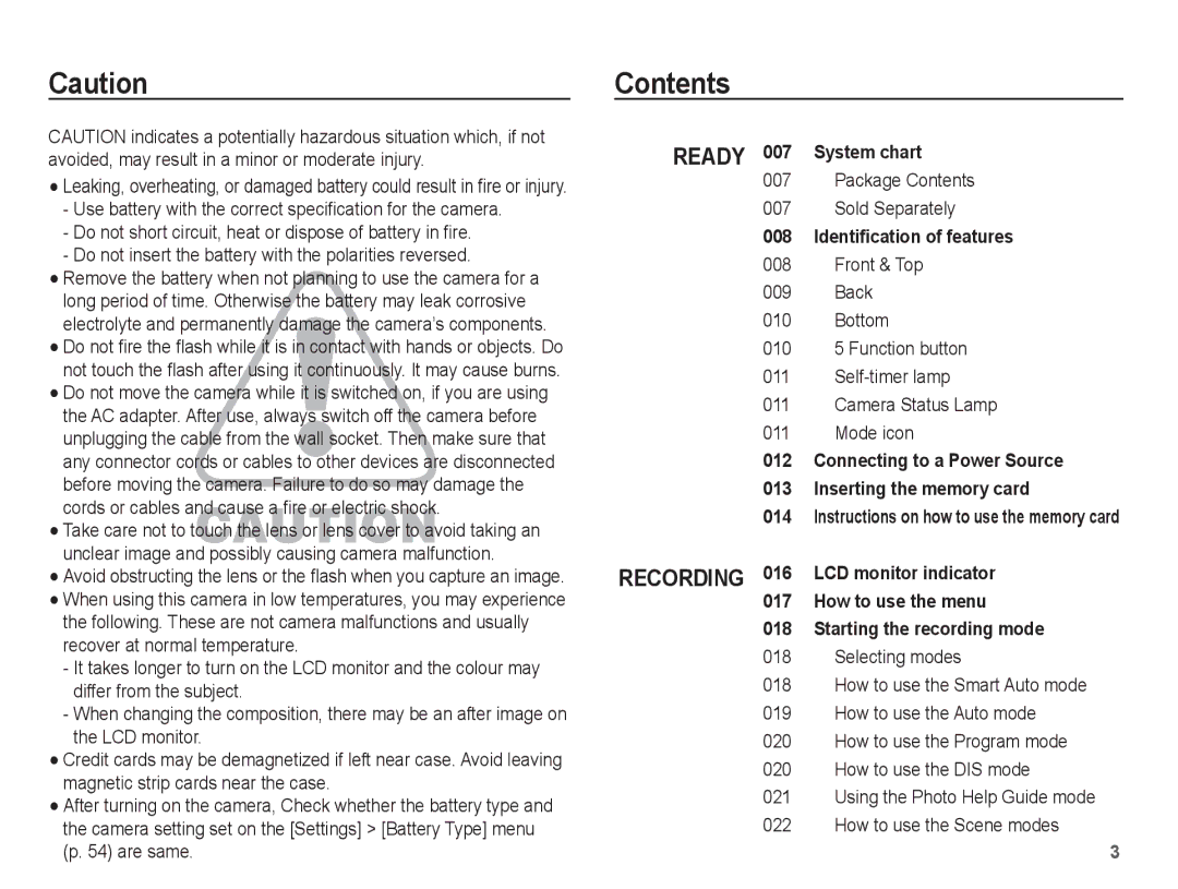 Samsung SL35 manual Contents 