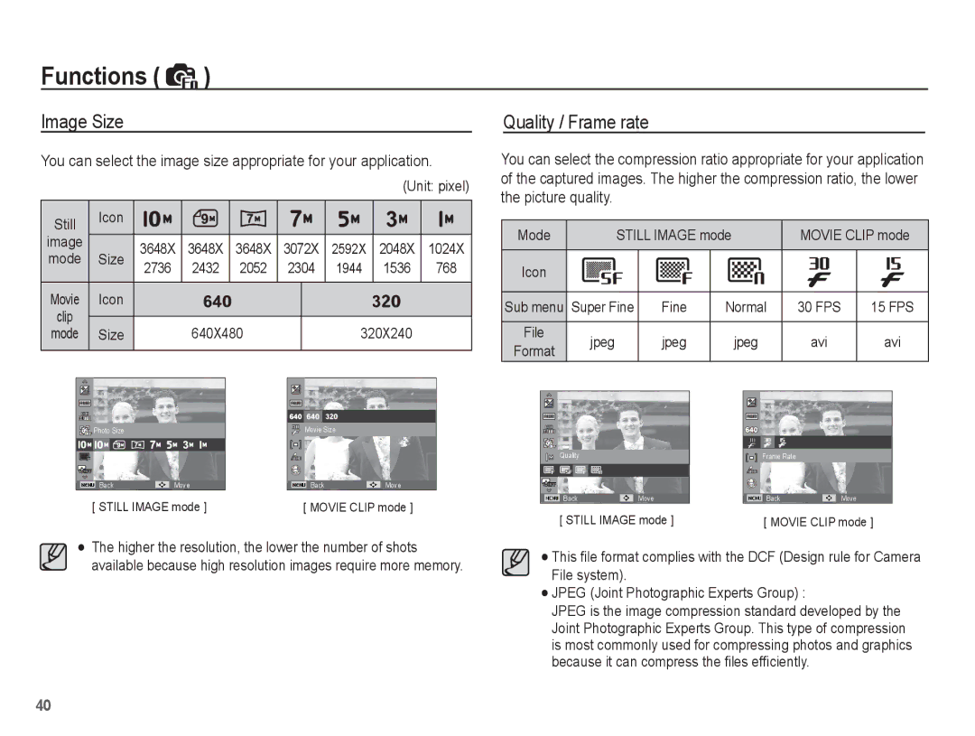 Samsung SL35 manual Image Size Quality / Frame rate, 3648X, Size 640X480 320X240 Jpeg 