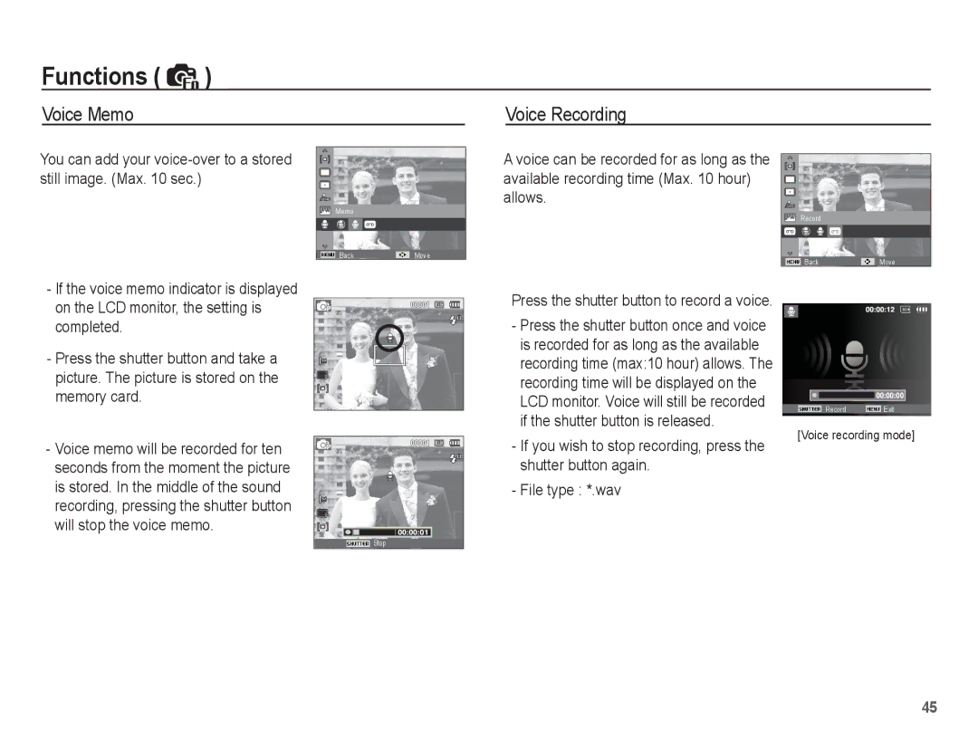 Samsung SL35 manual Voice Memo Voice Recording, If the shutter button is released, Shutter button again, File type *.wav 