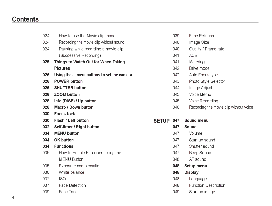 Samsung SL35 How to use the Movie clip mode 039 Face Retouch, Recording the movie clip without sound 040 Image Size, 046 