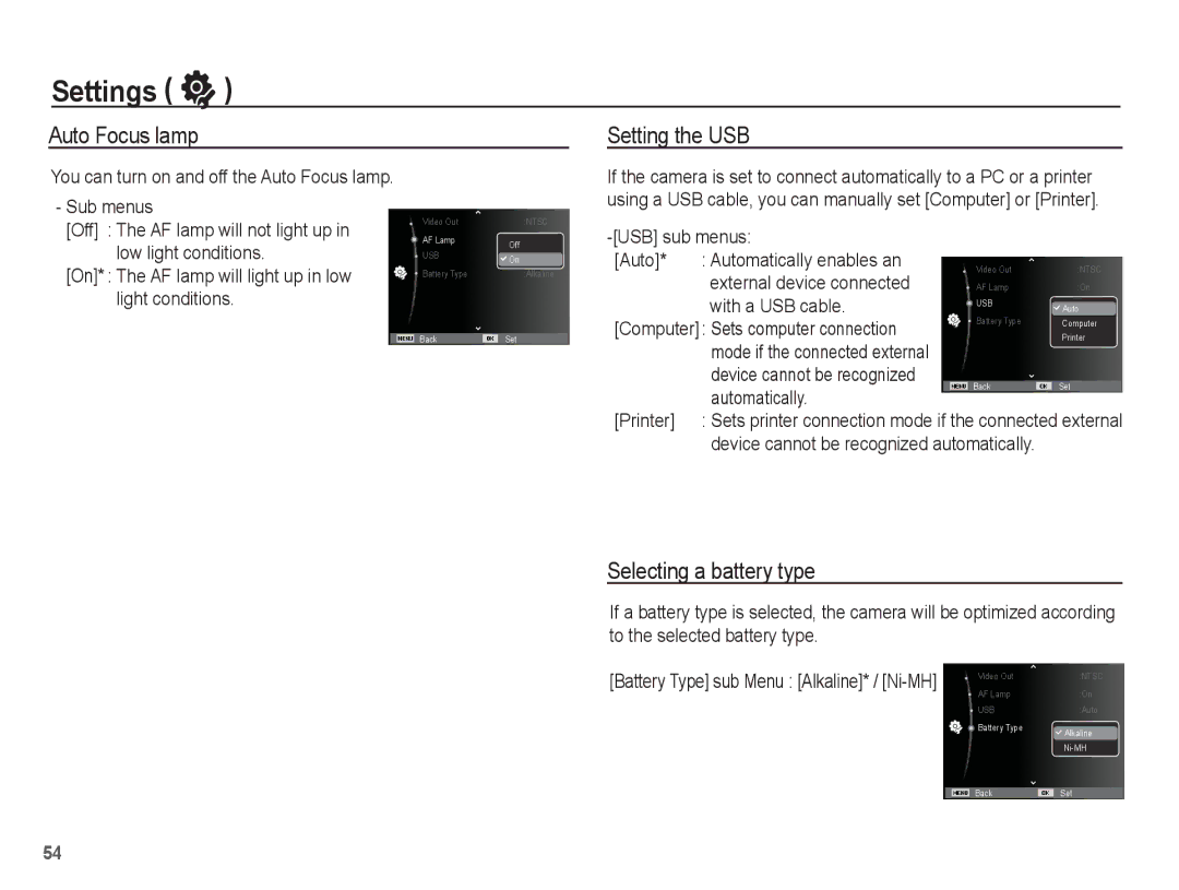 Samsung SL35 manual Auto Focus lamp, Setting the USB, Selecting a battery type 