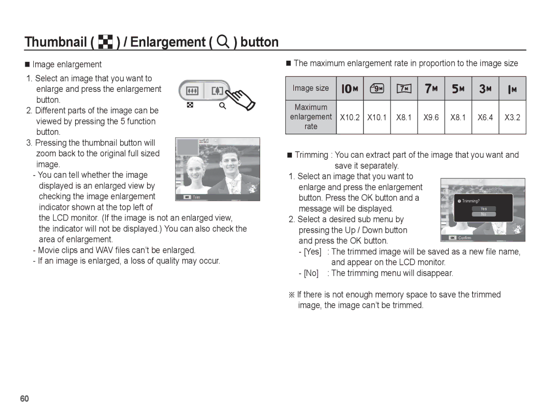 Samsung SL35 manual Image enlargement Select an image that you want to, Viewed by pressing the 5 function Button, Yes 