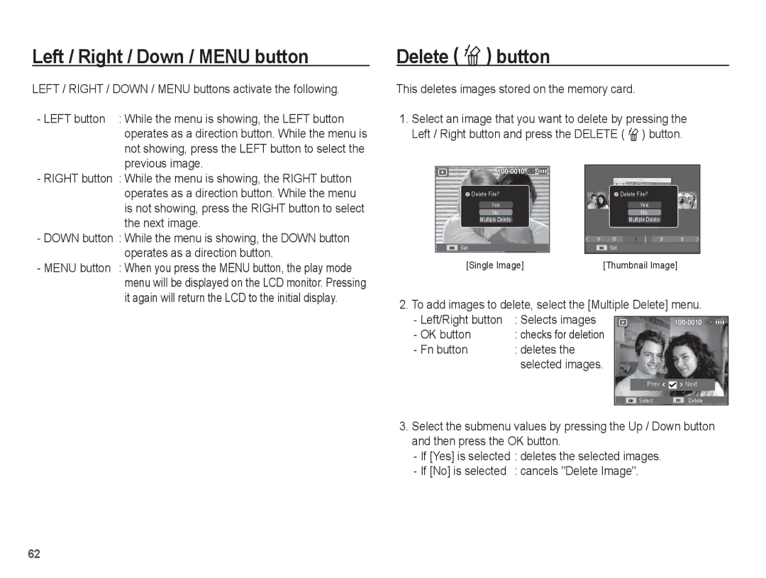 Samsung SL35 manual Left / Right / Down / Menu button, Delete Õ button 