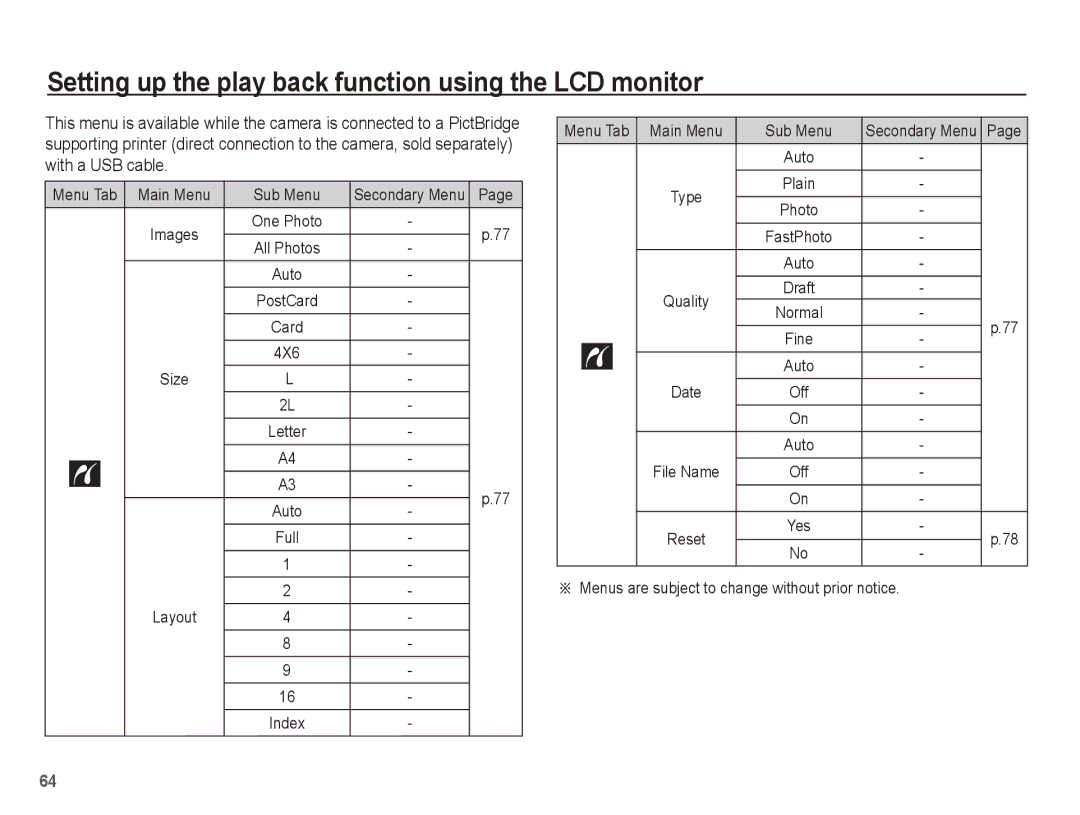 Samsung SL35 manual 4X6 Size, Layout, Menus are subject to change without prior notice 