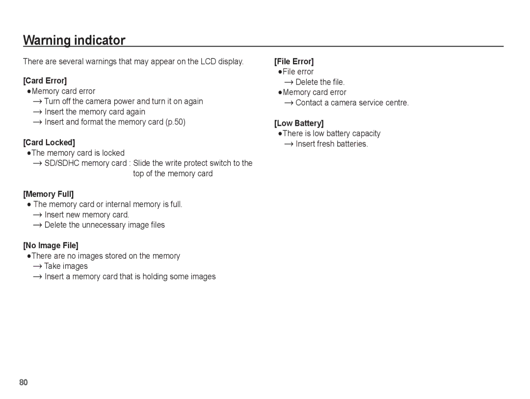 Samsung SL35 manual Memory card is locked, File error, Contact a camera service centre, Delete the file. Memory card error 
