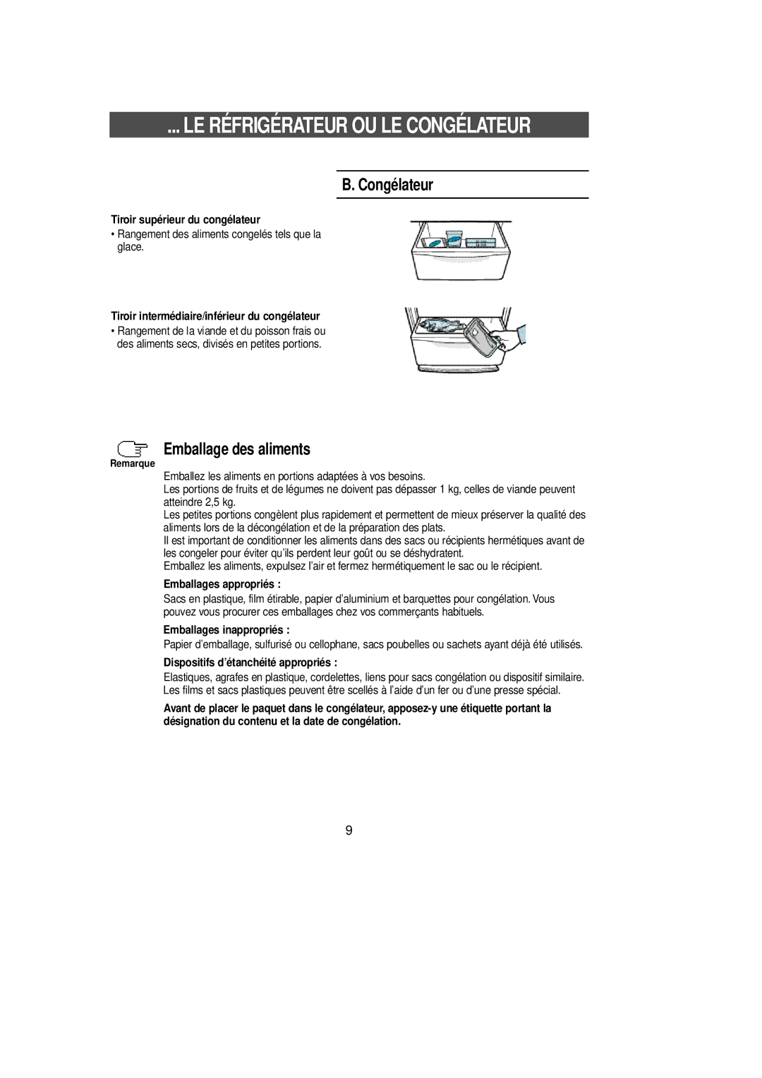 Samsung SL39WJ1/XEF, SL36WJ1/XEF, SL39WJ1/CAF, SL39WJ2/XEF, SL36WJ3/XEF, SL36WJ3/CAF manual Congélateur, Emballage des aliments 