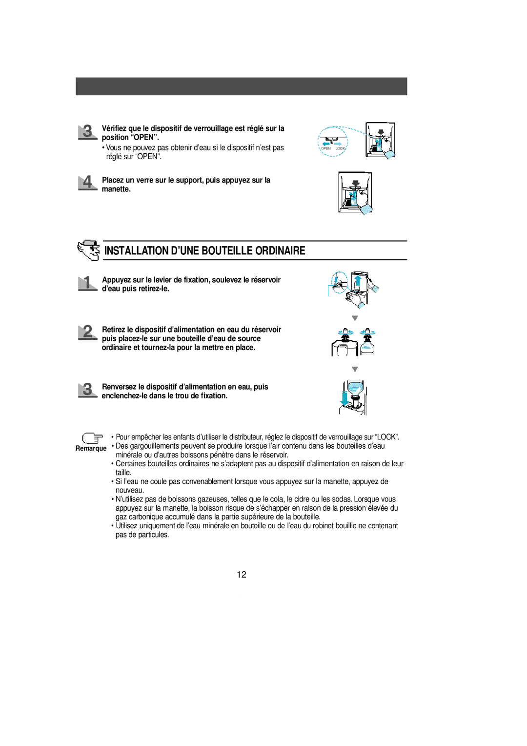 Samsung SL39WJ1/CAF Installation D’UNE Bouteille Ordinaire, Placez un verre sur le support, puis appuyez sur la manette 