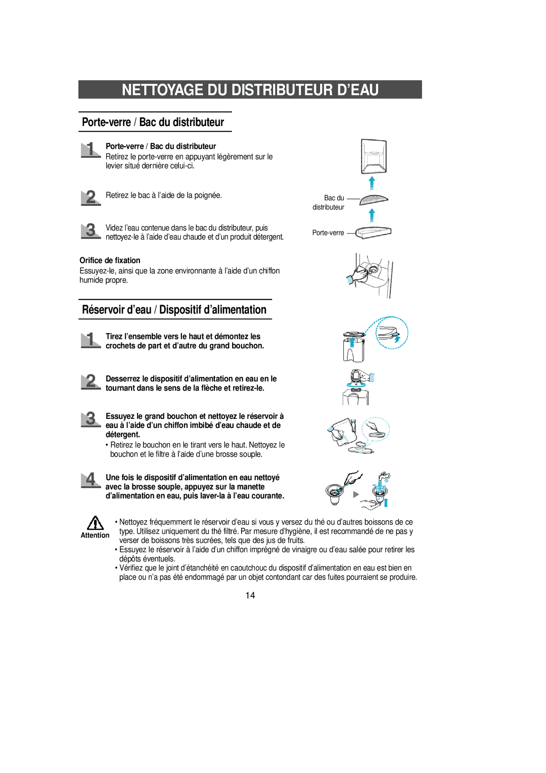 Samsung SL36WJ3/XEF, SL36WJ1/XEF Nettoyage DU Distributeur D’EAU, Porte-verre / Bac du distributeur, Orifice de fixation 