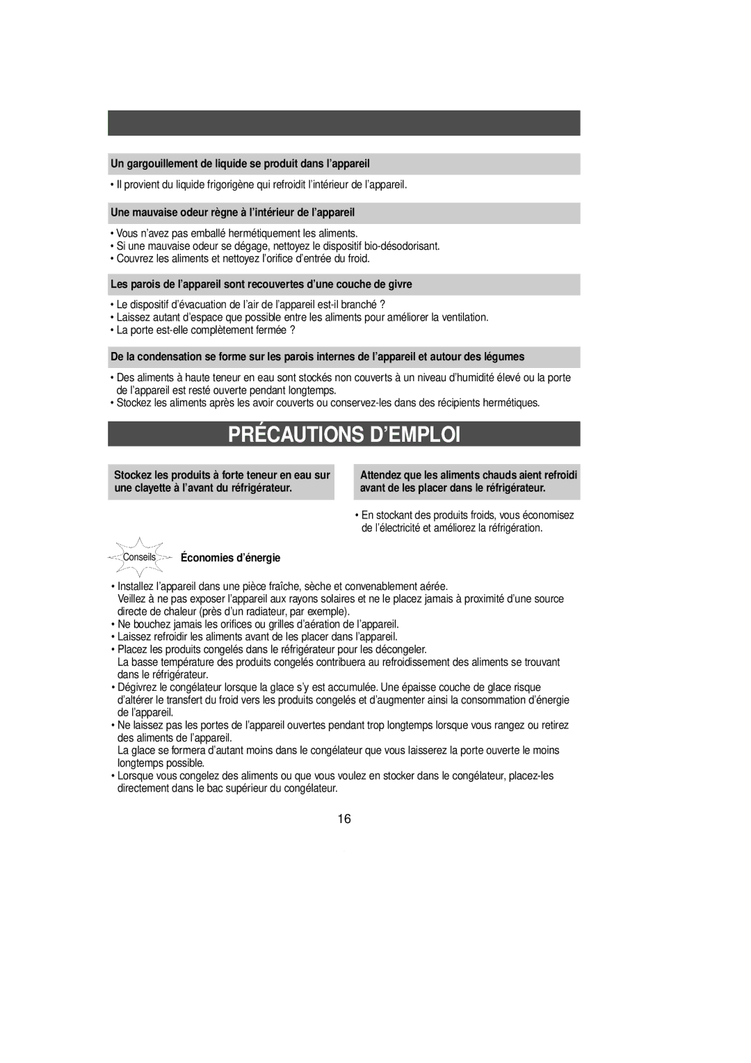 Samsung SL39WJ3/XEF, SL36WJ1/XEF manual Préca Utions D’EMPLOI, Un gargouillement de liquide se produit dans l’appareil 