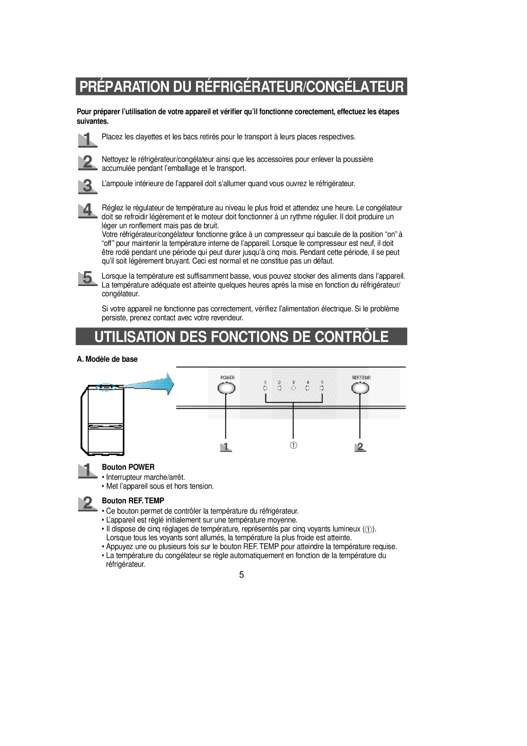 Samsung SL39SJ1/XEG, SL36WJ1/XEF manual Utilisation DES Fonctions DE Contrôle, Modèle de base Bouton Power, Bouton REF. Temp 