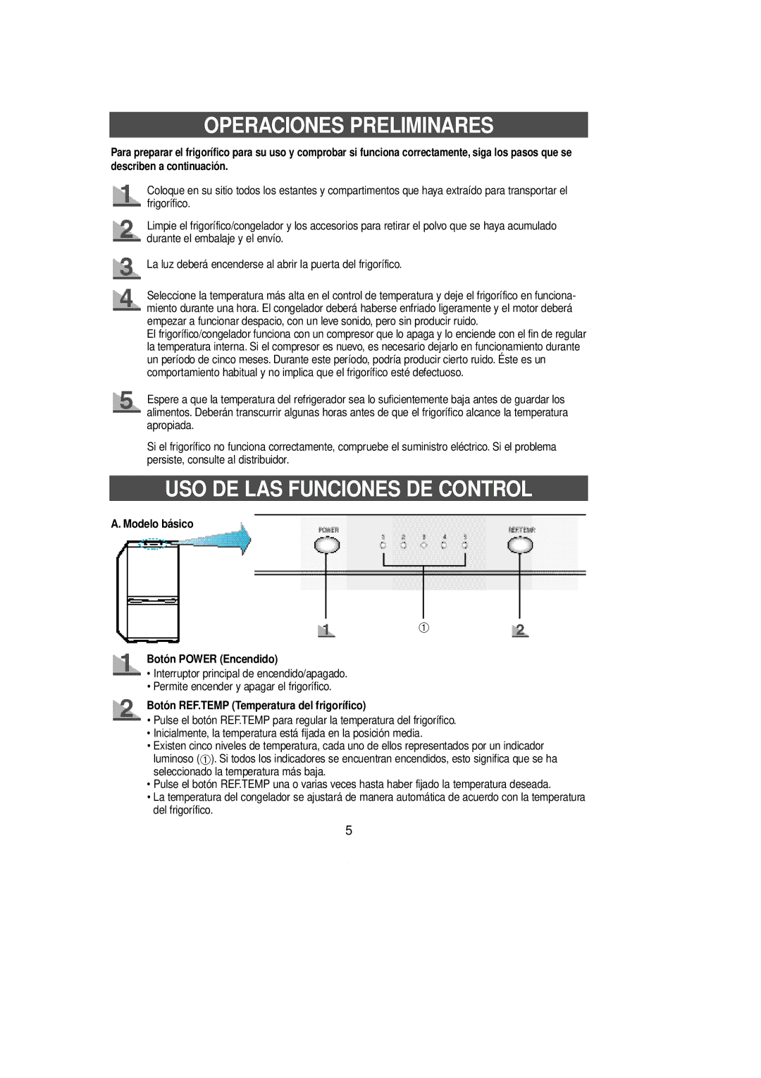 Samsung SL36WJ1/XES manual Operaciones Preliminares, USO DE LAS Funciones DE Control, Modelo básico Botón Power Encendido 