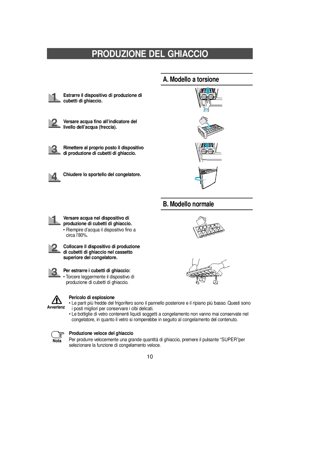 Samsung SL39WJ2/XET, SL36WJ1/XEU, SL39SJ1/XET, SL36WJ1/XET manual Produzione DEL Ghiaccio, Modello a torsione, Modello normale 