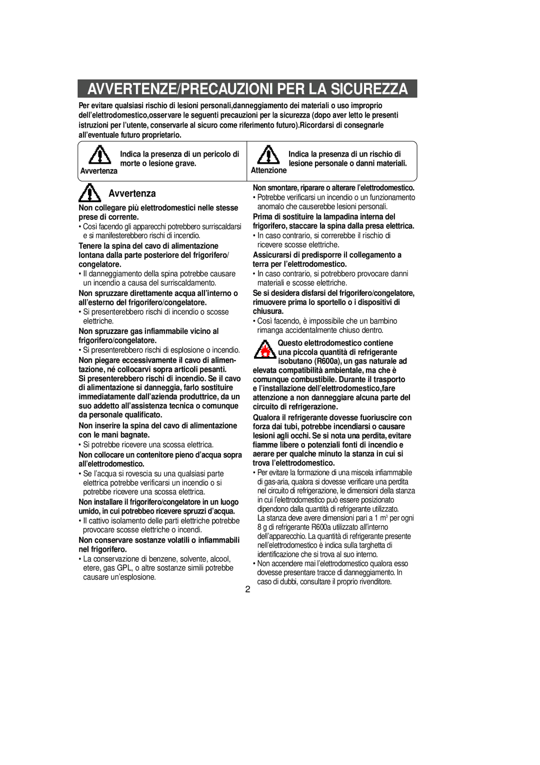 Samsung SL36WJ1/XET manual Morte o lesione grave Avvertenza, Si presenterebbero rischi di incendio o scosse elettriche 