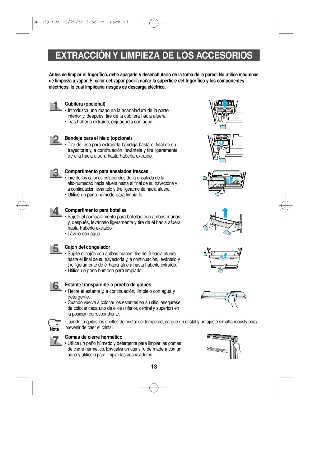 Samsung SL39WJ6/XES manual Extracción Y Limpieza DE LOS a Ccesorios, Cubitera opcional, Bandeja para el hielo opcional 