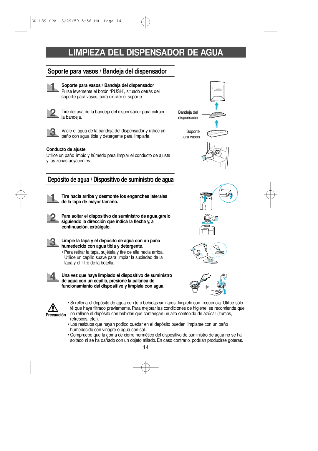 Samsung SL39WJ6/XES manual Limpieza DEL Dispensador DE Agua, Depósito de agua / Dispositivo de suministro de a gua 