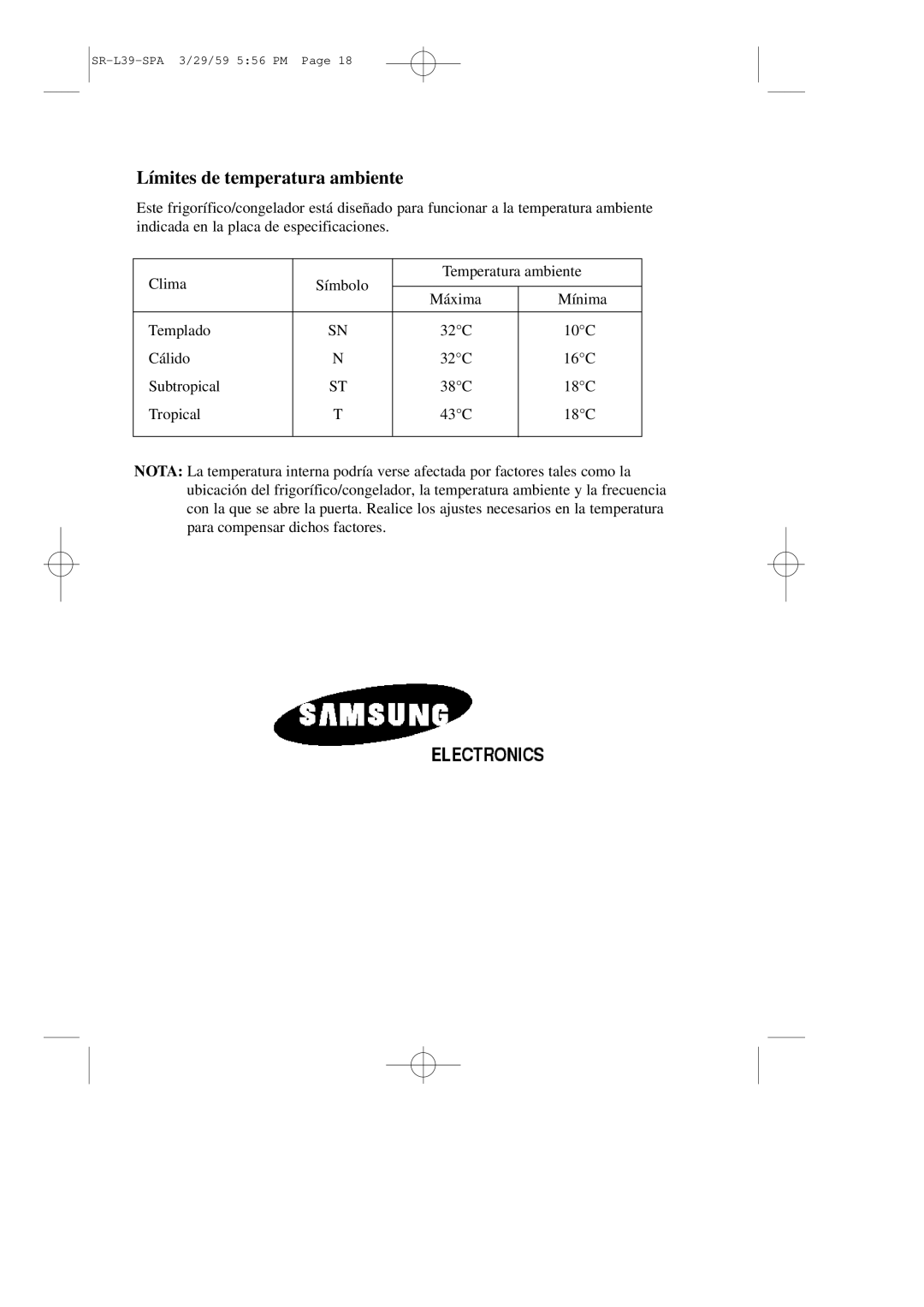 Samsung SL39WJ6/XES manual Límites de temperatura ambiente 