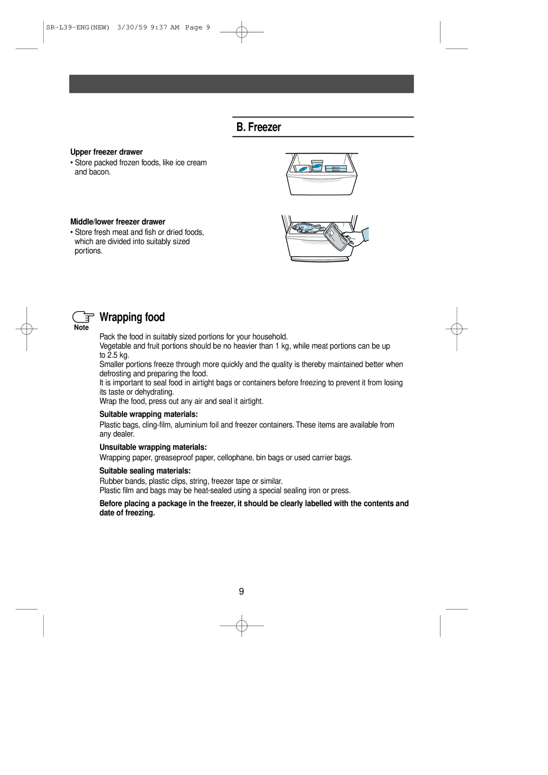 Samsung SL39WJ6/XES manual Freezer, Wrapping food 