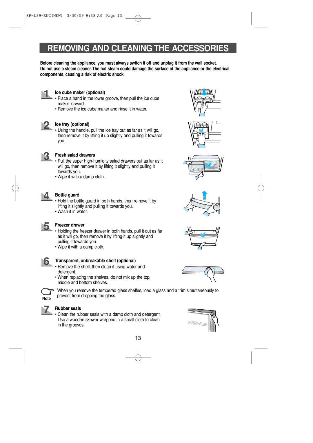 Samsung SL39WJ6/XES manual Removing and Cleaning the Accessories, Ice tray optional, Freezer drawer, Rubber seals 