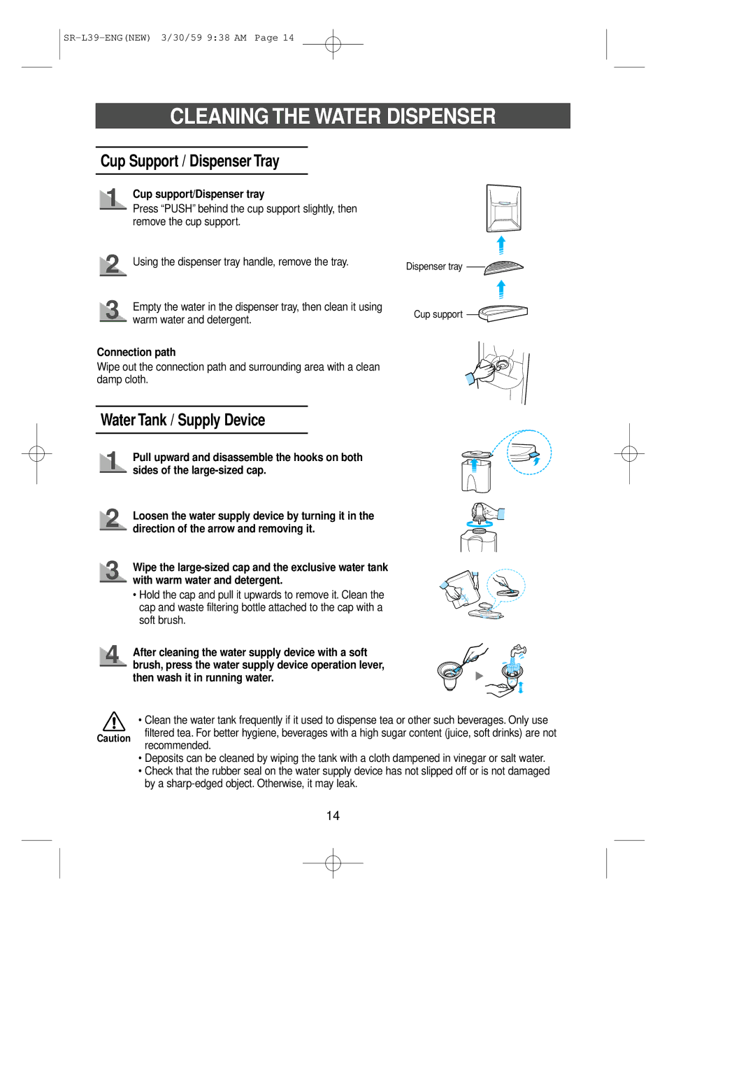 Samsung SL39WJ6/XES manual Cleaning the Water Dispenser, Cup Support / Dispenser Tray, Water Tank / Supply Device 