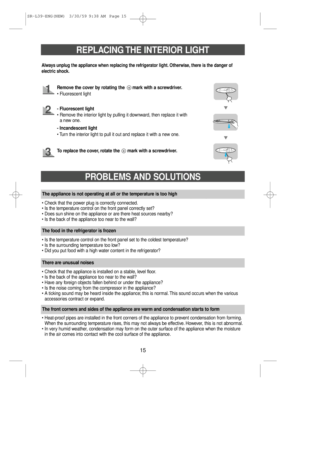 Samsung SL39WJ6/XES manual Replacing the Interior Light, Problems and Solutions 