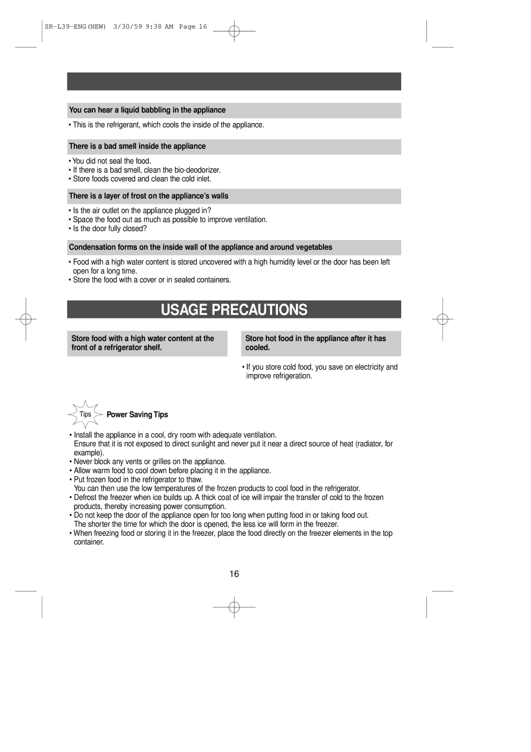 Samsung SL39WJ6/XES manual Usage Precautions, You can hear a liquid babbling in the appliance, Tips Power Saving Tips 