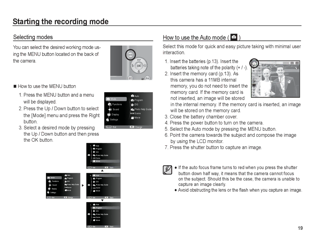 Samsung SL40 manual Starting the recording mode, Selecting modes How to use the Auto mode, Insert the memory card p.13. As 