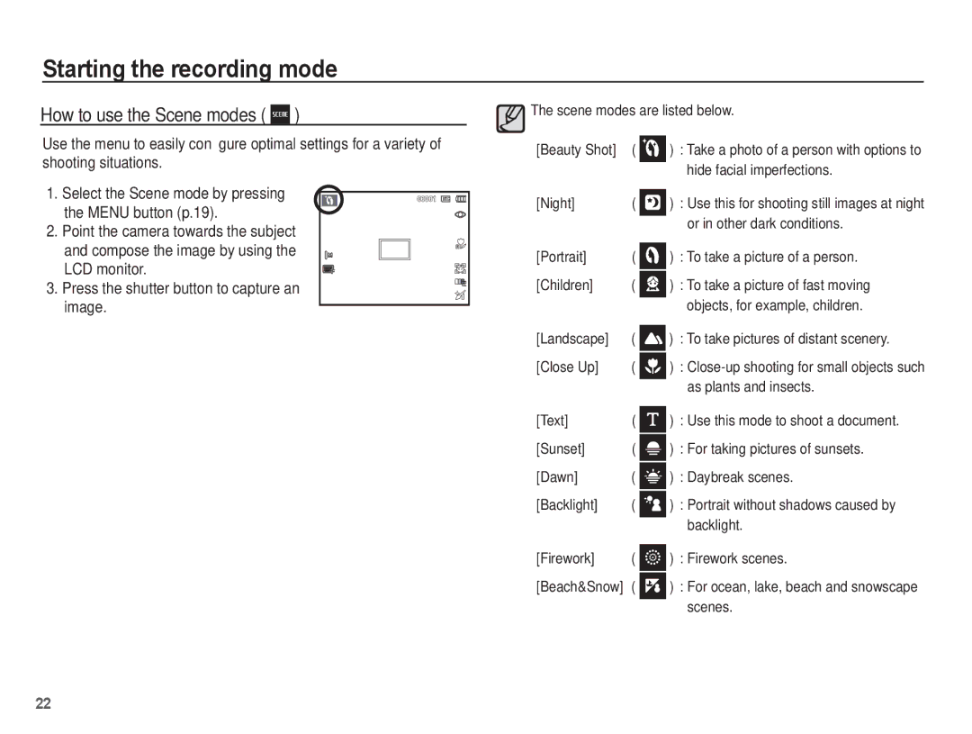 Samsung SL40 manual How to use the Scene modes 