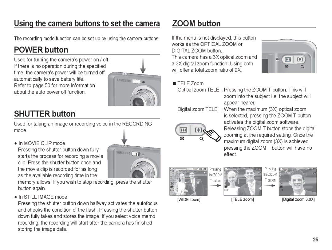 Samsung SL40 manual Power button, Shutter button, Zoom button 