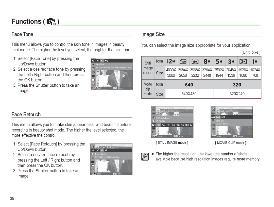 Samsung SL40 manual Face Tone, Image Size, Face Retouch 