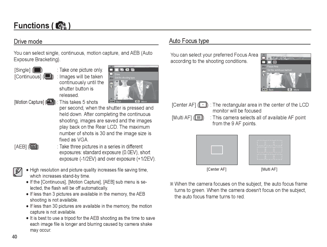 Samsung SL40 manual Drive mode, Auto Focus type 