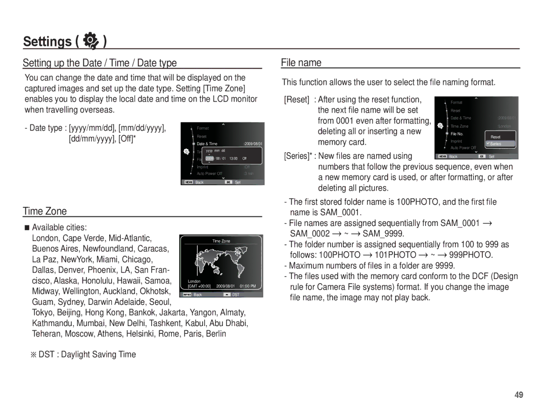 Samsung SL40 manual Setting up the Date / Time / Date type, File name, Time Zone 